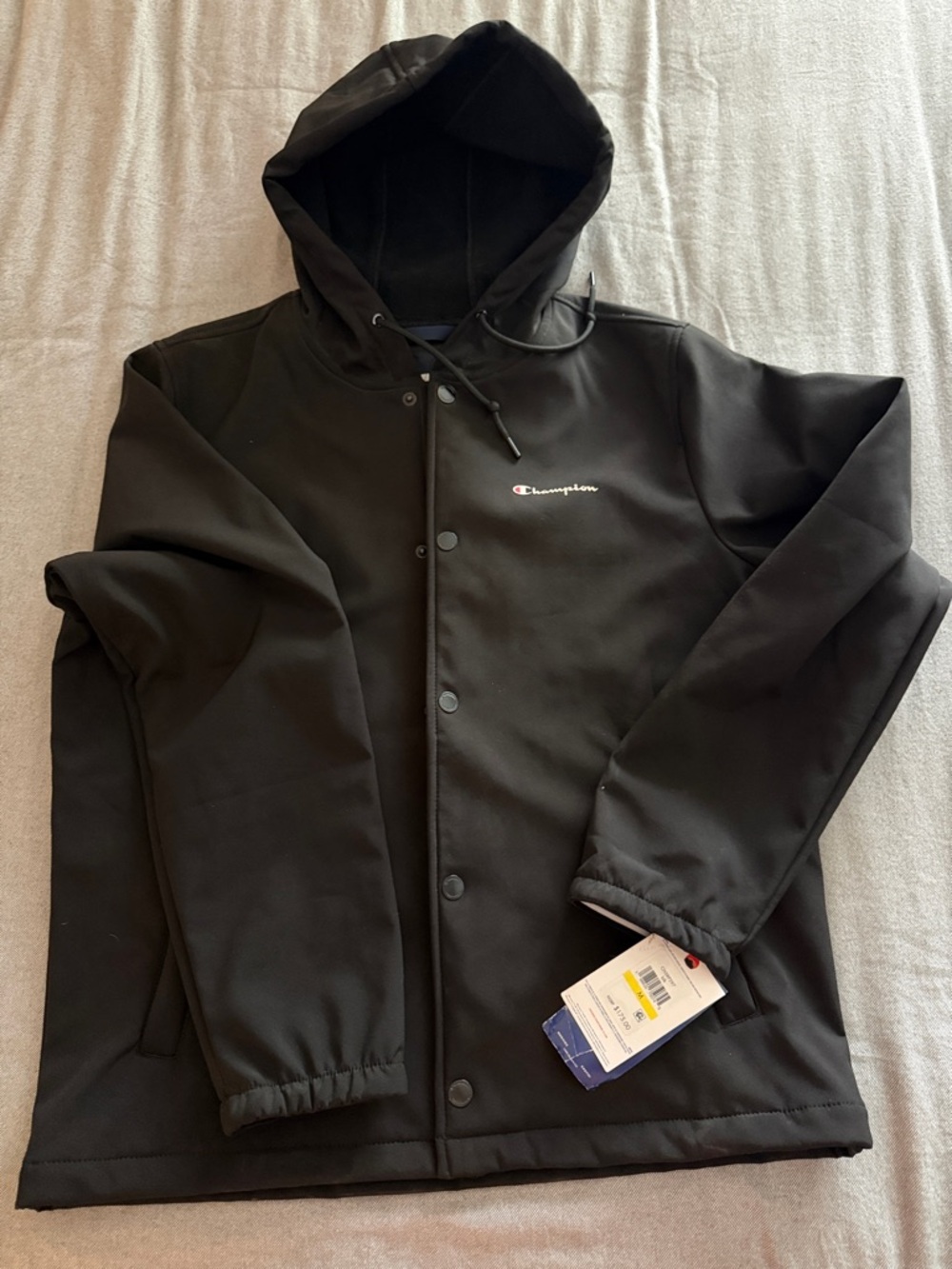 Champion Black Hooded Coach Jacket with Logo